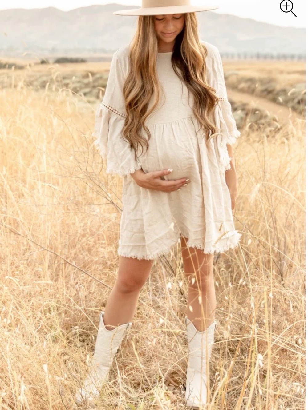 Beige Raw Edge Bell Sleeve Babydoll Maternity Dress